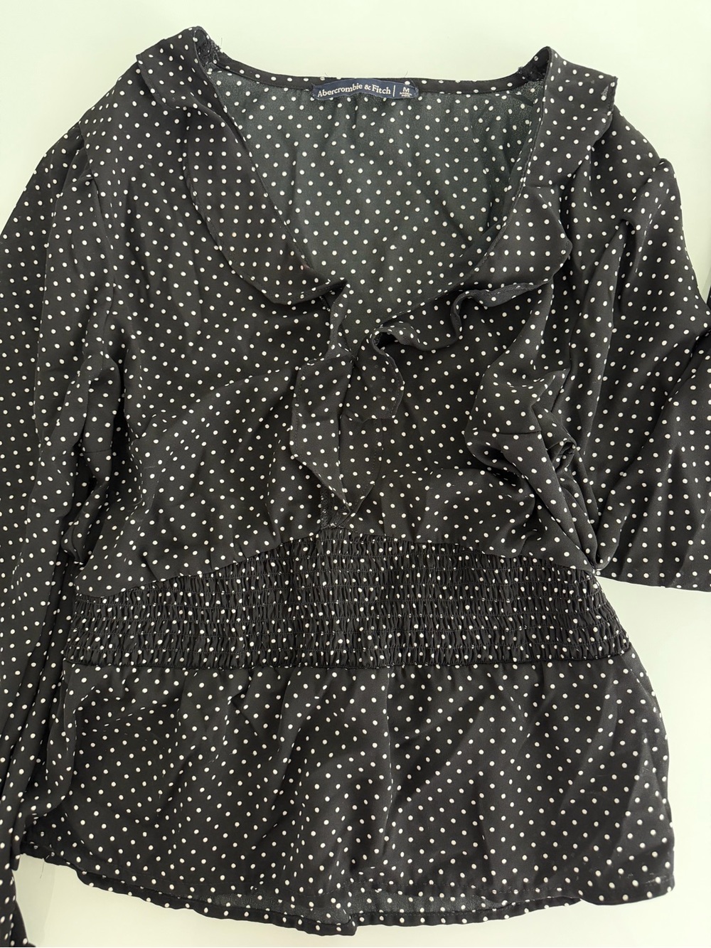 Abercrombie & Fitch Black Polka Dot Ruffle Smocked Waist Blouse